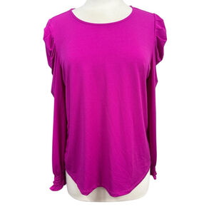 Adrianna Papell Blouse Medium Magenta Pink Long Sleeve Ruffle Shoulder Blouse
